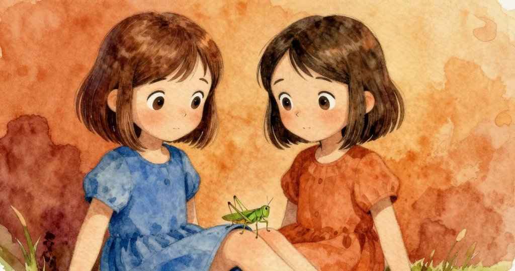 普璐仰望, 膝上落下綠色蚱蜢, 手邊小蟲活躍, 自然光線與草地氛圍溫暖