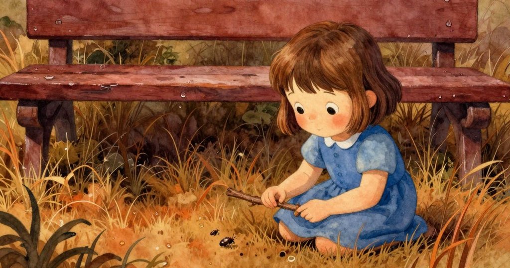 普璐蹲在長椅下隱蔽濕草中, 輕觸一根小棍, 周圍小蟲活躍, 神情專注探索