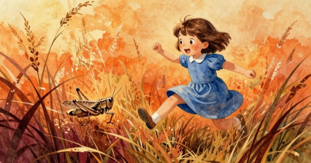 普璐興奮注視綠色蚱蜢, 它在高草中活躍跳躍, 戶外陽光充滿動感與活力