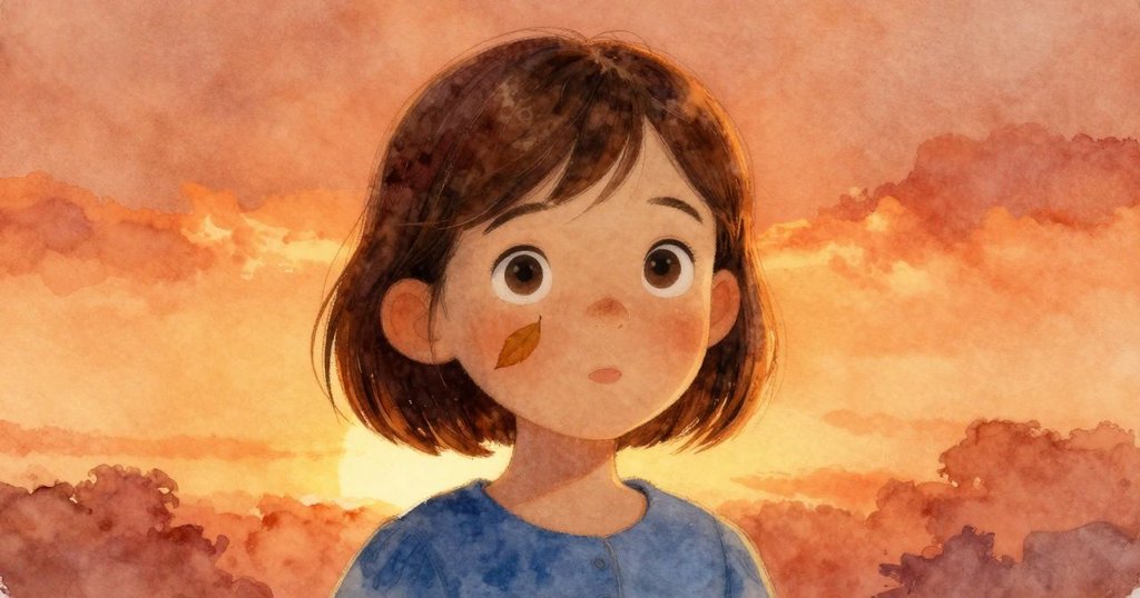 普璐臉上落葉, 夕陽金光映襯, 靜謐驚奇神情流露, 戶外環境柔和溫暖收尾