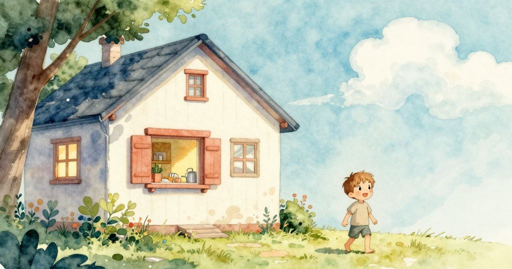 窗外的家溫暖而明亮，Xander在窗內忙碌，小樹隨風搖曳，悠閒雲朵掠過，呈現開端情境