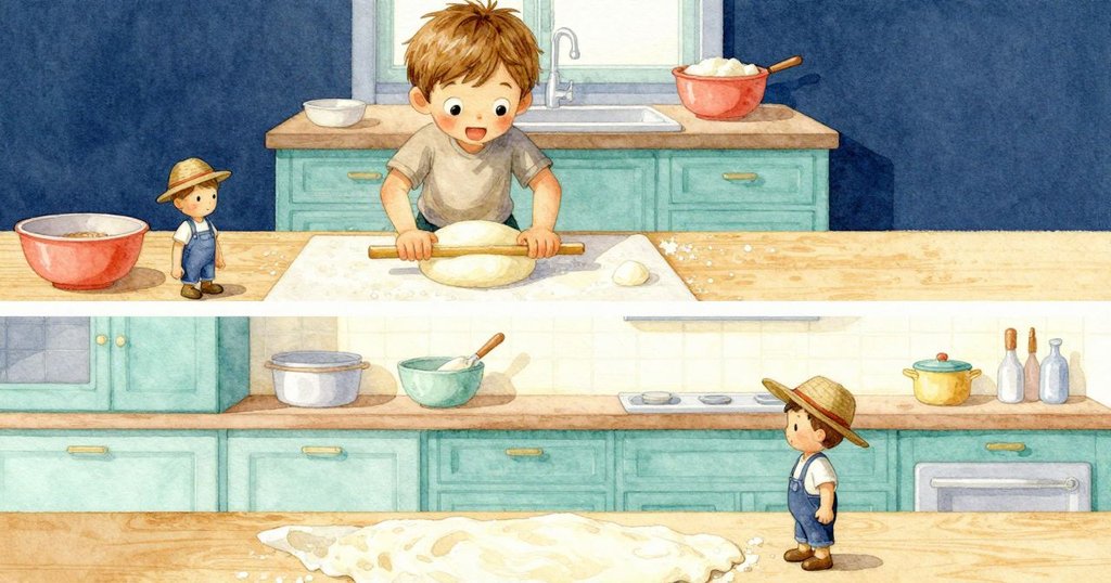 分割畫面：上面Xander正捲麵團，下方小農玩具靜靜觀察，兩段故事連接，氛圍平和