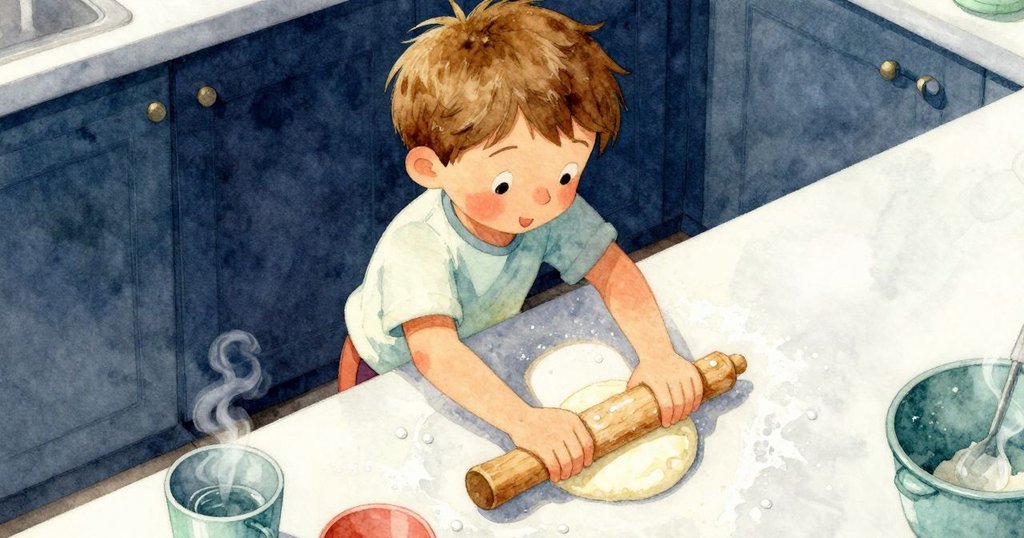 俯視圖顯示Xander雙手忙碌搓麵團，杯中冒出蒸氣，廚房檯面充滿細節，溫暖光線下的情景