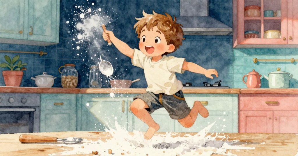 戲劇性場景中，Xander驚奇伸手輕敲飛揚麵粉，麵團捲變形動感強烈，廚房動作瞬間展現