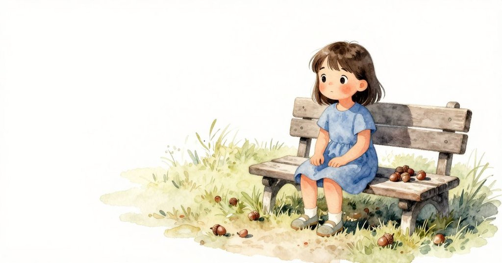 Willa 坐在公園的長椅上，陽光灑落，低矮桌與編織籃陪伴著她，環境寧靜祥和，開始了奇妙探索。