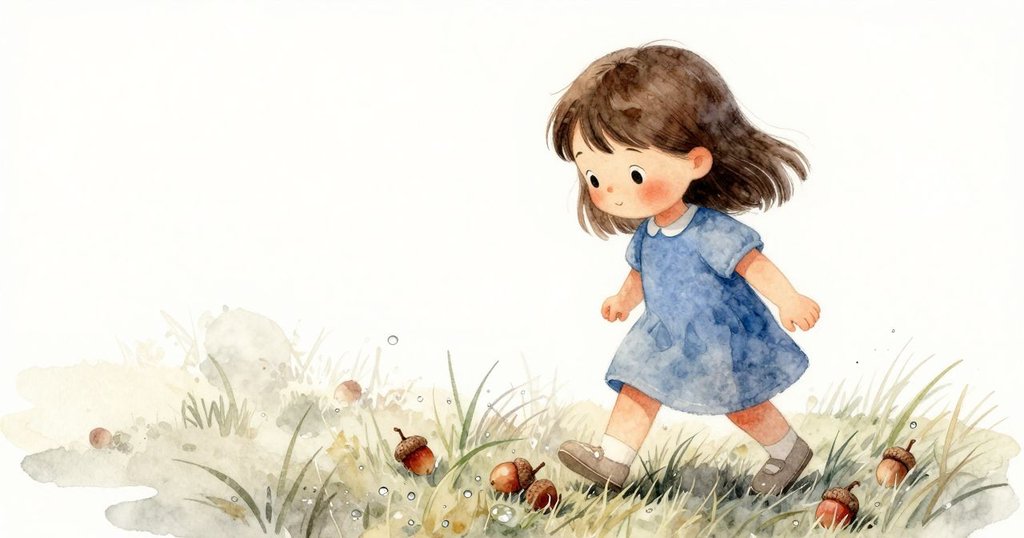 Willa 的鞋子踩在綠茵草地上，輕撫拾起一顆小橡果，草地上留下溫暖足跡，展現探索步伐。