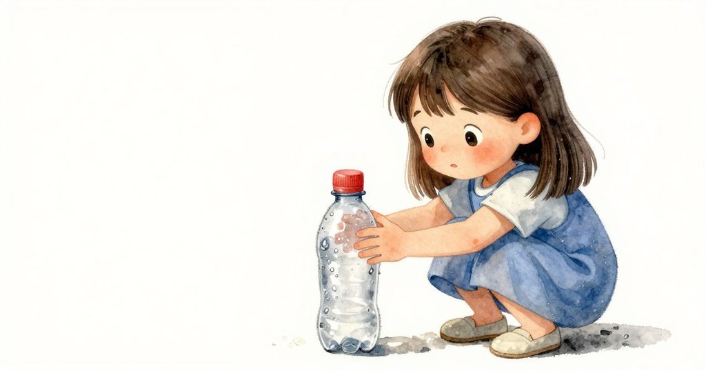 Willa 靠近露珠閃光的塑膠瓶，瓶面反映出她專注神情，橡果靜臥一旁，晨光中充滿期待。