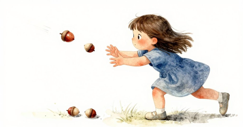 Willa 快速伸手抓住滾動的橡果，臉上洋溢著喜悅，動態背景模糊出活力與迅捷感。