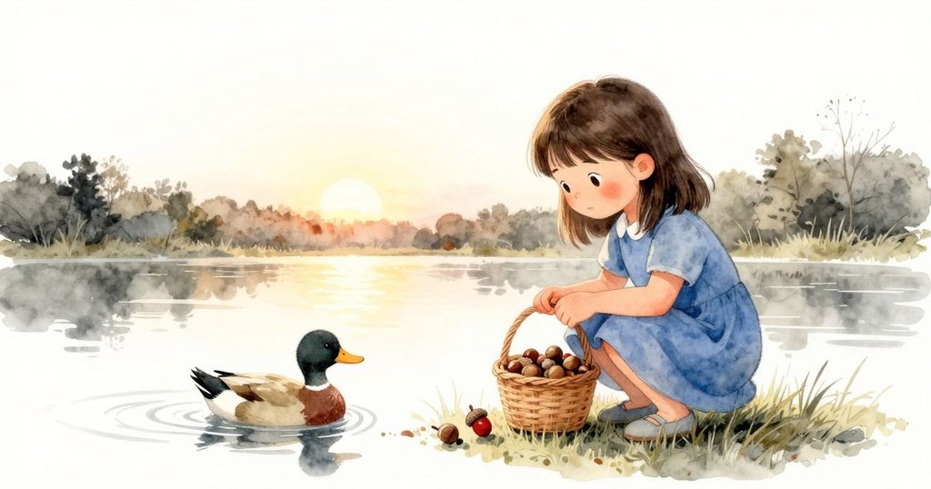 Willa 在夕陽餘暉中凝望籃中整齊橡果，池塘邊鴨子鳴叫，溫暖光影交織呈現寧靜結局。