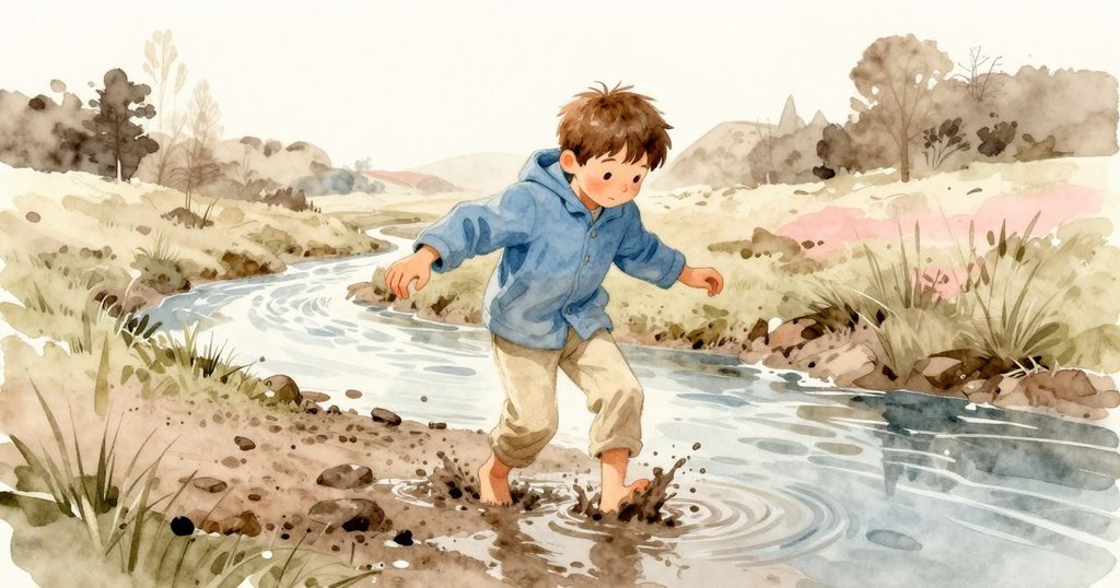 拉爾斯在晨光中走入濕潤泥巴旁的溪流邊，腳步輕盈，充滿期待與探索的感覺