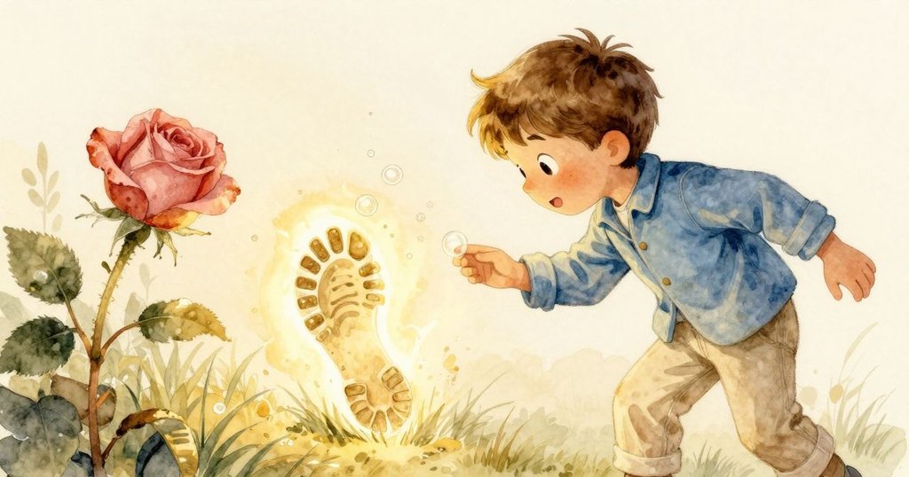 拉爾斯彎下身仔細觸摸泥巴上充滿泡泡的靴印，臉上流露出對自然細節的好奇與驚奇