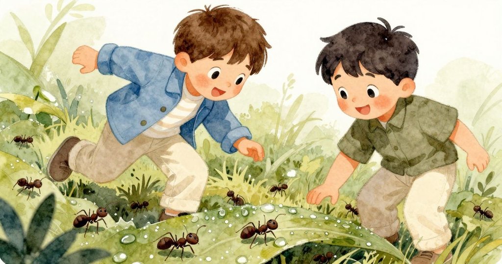 從近距離觀察，螞蟻在露珠覆蓋的葉面上忙碌搬運糖粒，展現出自然界中合作與生機的畫面