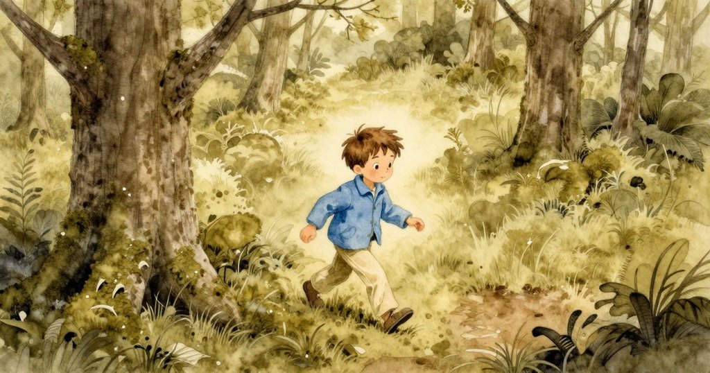 從高處俯瞰拉爾斯走在覆滿苔蘚的樹旁，濕潤的爪痕在樹皮上清晰可見，背景森林廣闊而夢幻