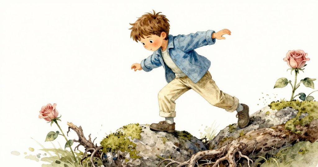 拉爾斯在濕滑苔蘚覆蓋的岩石上小心站立，眼神專注，展現出面對困難時的堅毅與努力