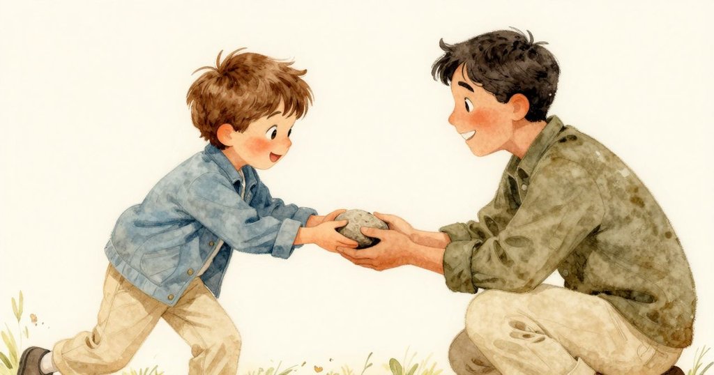 拉爾斯與長輩在溫暖的戶外場景中互送平滑岩石，彼此眼神充滿關懷與愛意，象徵著大自然的美好禮物