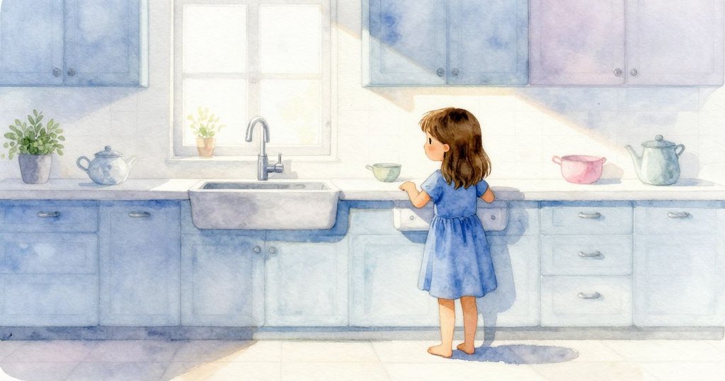 羅莎站在廚房水槽旁,光線從窗外灑進來,瓷磚與檯面反射晨光,場景充滿寧靜與光影變化。