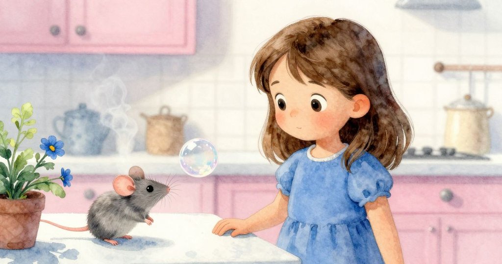 水蒸氣細線上升,泡泡輕盈掠過檯面藍花,柔和光線營造出安靜而細膩的氛圍。