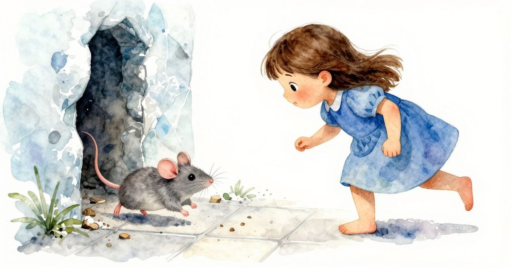 聽到大人呼喚,小老鼠急速奔向黑暗縫隙,桌面散落著碎屑,充滿緊迫感的瞬間被生動捕捉。