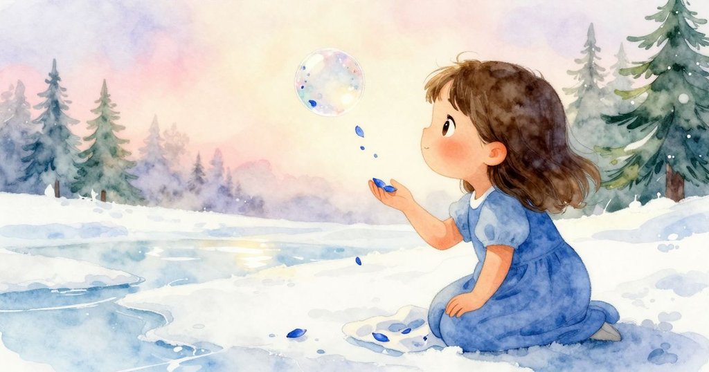 金色夕陽下,羅莎注視著藍花瓣慢慢飄落,濕布上破裂的泡泡呈現彩環,情感細膩而感傷。