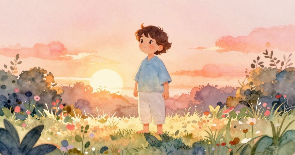 主角在花園中以剪影呈現，迎接溫暖晨光，地上有乾樹葉開始滑動，畫面充滿詩意與靜謐氛圍