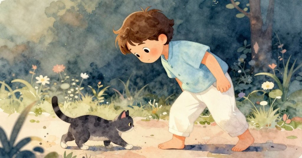 主角與鬍鬚貓在傾斜角度下互動，貓尾輕輕觸碰腳踝，畫面中透露出森林般靜謐與動態情趣