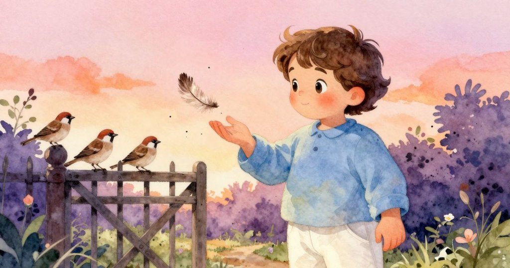 主角在花園門口注視著飄落的羽毛與附著袖子的細小夾子，上方兩隻麻雀交談，充滿生機與細膩情感