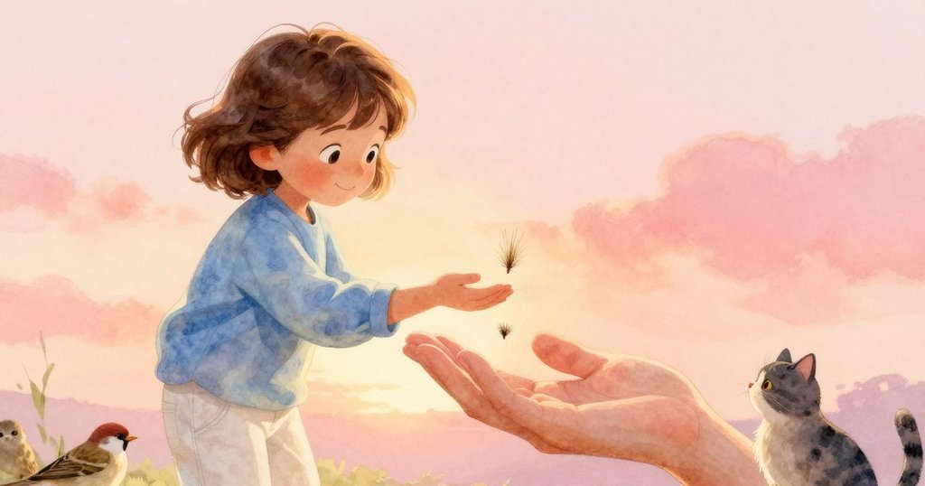 主角滿懷喜悅注視著飄向手腕的鬆散刷毛，臉上溫暖微笑映照著花園中活潑的小訪客，氛圍愉悅