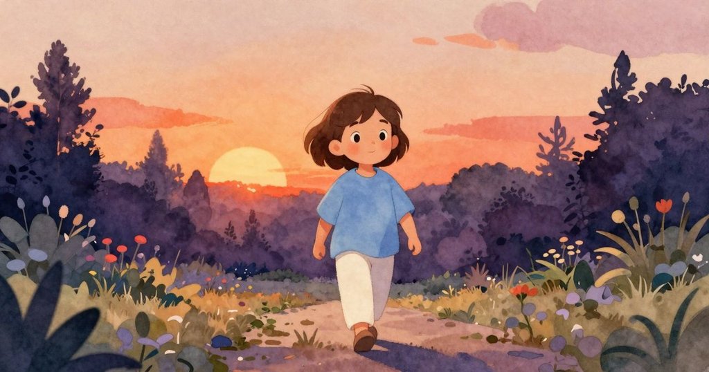 主角向前踏出花園小徑，背影中與離去的貓告別，迎向新風景與未來美好，畫面寧靜且充滿希望