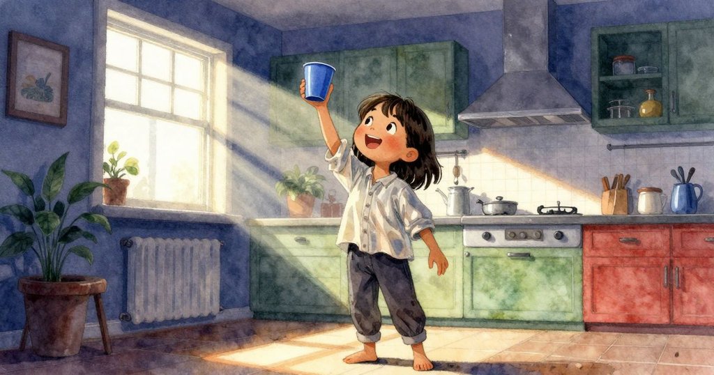 Uma在廚房中舉著藍色塑膠杯,晨光灑入窗戶,表情專注,充滿期待,呈現溫馨早晨情景。