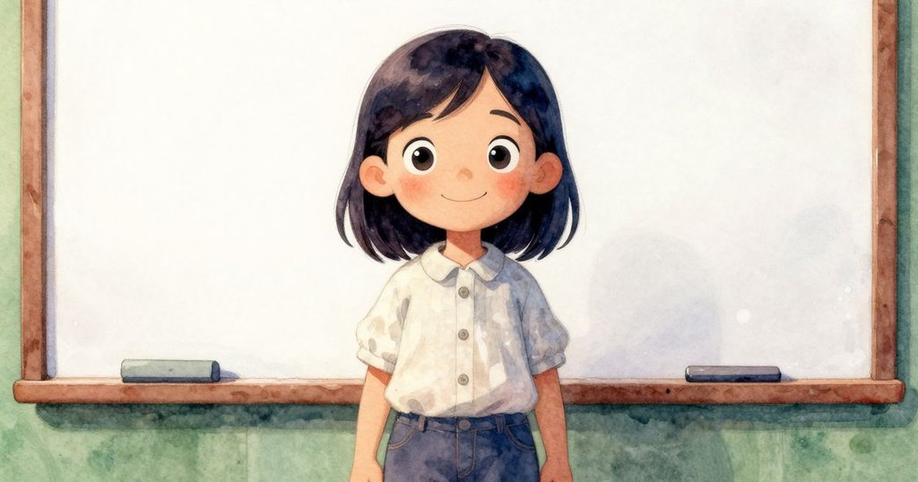 Uma特寫,眼神充滿好奇,凝望著白板上散落的麵粉,室內柔光映照下展現探索的神情。