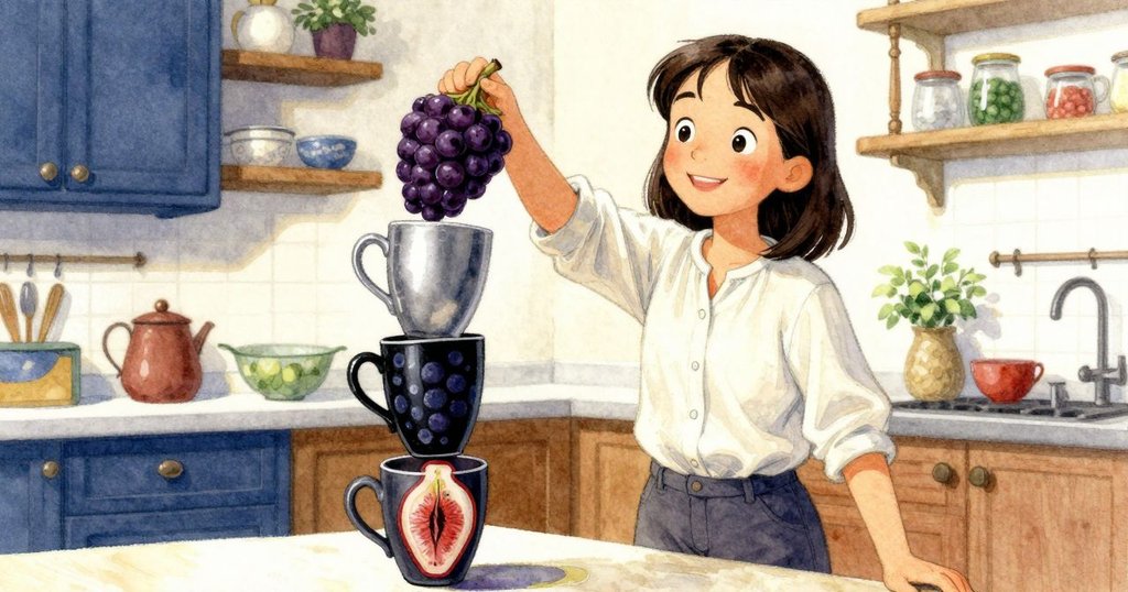 Uma在廚房中疊放三個杯子,放入葡萄半邊,頂部杯子微傾,動作專注,展現創意與細膩互動。