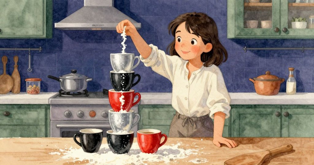 杯塔開始傾斜,汁液沿麵粉蔓延,旁邊的大人微笑說好玩,Uma與環境互動充滿驚喜與溫馨。