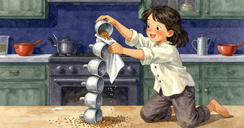 Uma快速滑動濕布,杯子在砂糖上輕快跳躍,場景充滿動勢與精巧細節,呈現熱烈互動瞬間。