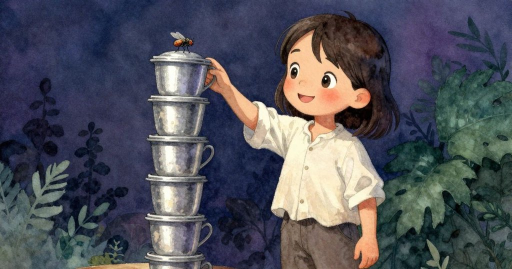 穩固的杯塔上覆蓋平蓋,小蒼蠅輕輕降落其上,Uma在背景中滿意微笑,故事達到平靜安定的結局。