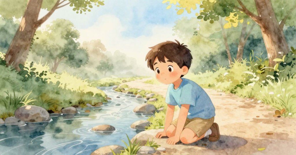 小男孩跪在清澈溪水旁，晨霧環繞，石子散落，樹林映襯下透露出寧靜與專注
