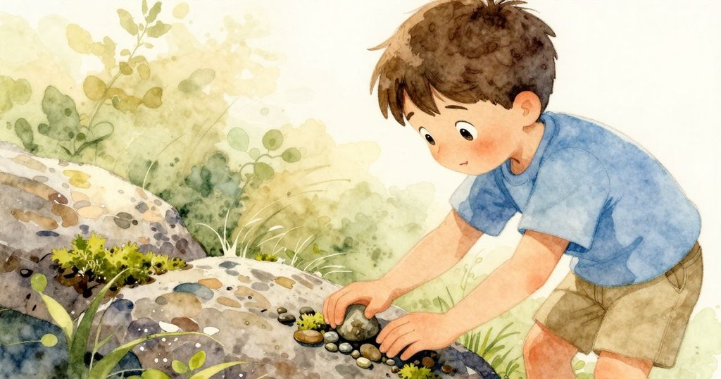 小男孩細心撿起綠苔點石子並輕放在岩石上，展現溫柔動作與戶外自然環境細節