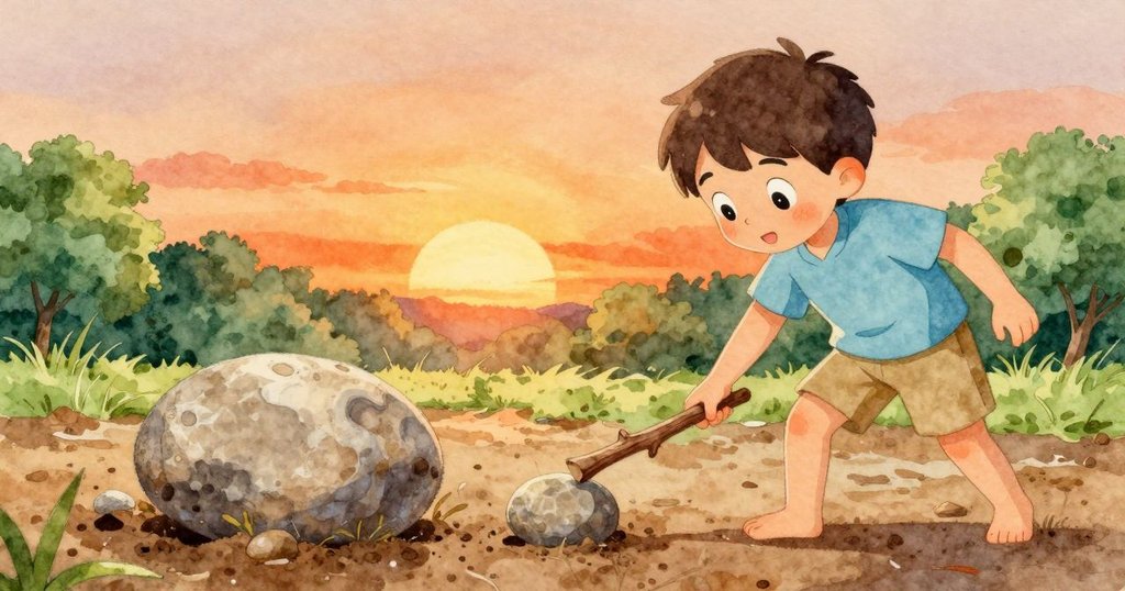 小男孩手滑大石子在泥上滾動，隨後用分叉小棍輕推排列，畫面分左右展示連續動作與溫暖夕光