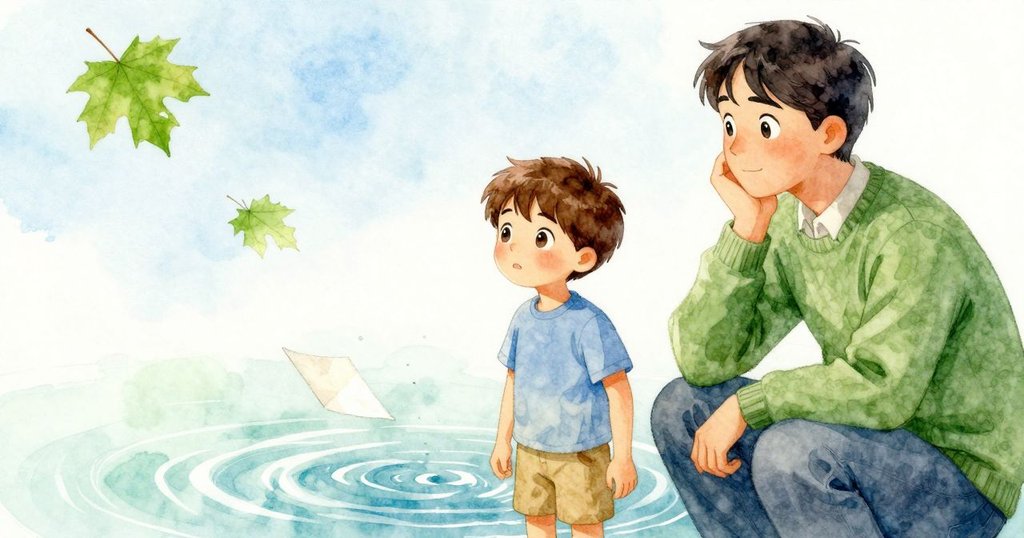 綠楓葉與摺紙隨水面輕柔波紋旋轉漂流，展現自然靜美之動態，氛圍和諧寧靜