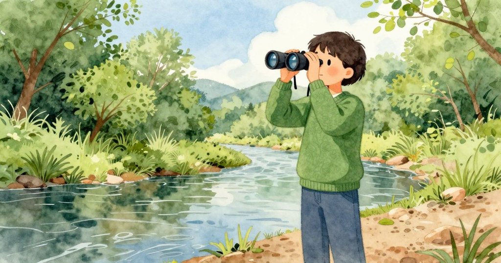 遠處親屬站在溪邊用雙筒望遠鏡觀察，神情凝重，背景為綠意與流水交織的柔光景致