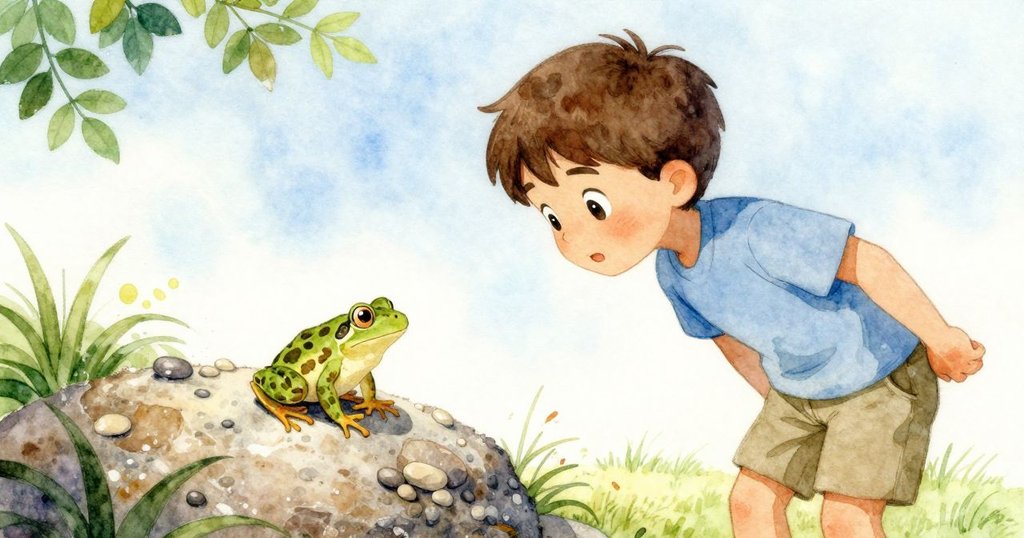 小男孩驚喜注視青蛙降落岩石上，岩石上石子整齊排列，呈現全新冒險開始的溫馨時刻