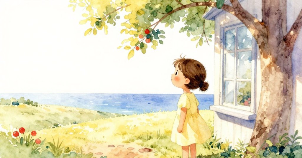 Tara站在廚房窗邊注視戶外搖曳的樹木和緩坡，面帶愉悅，展現故事開始的自然溫暖氣氛