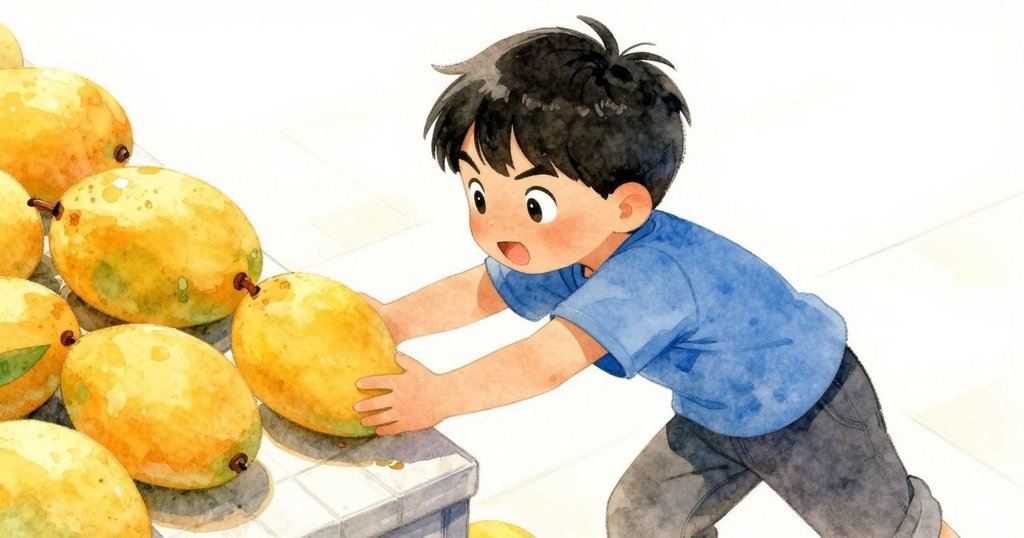 Seren伸手試碰閃亮的黃色芒果，廚房中陽光灑落在瓷磚上，展現努力與期待的細緻場景