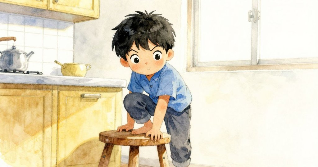 Seren努力爬上搖晃的凳子，身體傾斜顯示出動態平衡，廚房中陽光灑落展現緊張而充滿希望的情景