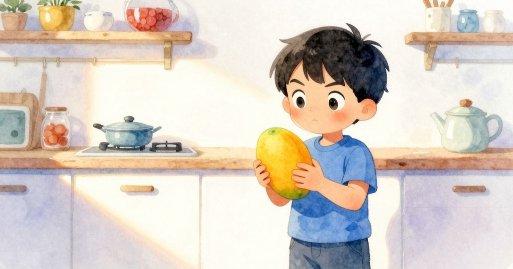 Seren穩穩拿著芒果，廚房中午後柔和陰影與晨光交融，展現他成功後自豪與平靜的溫馨瞬間