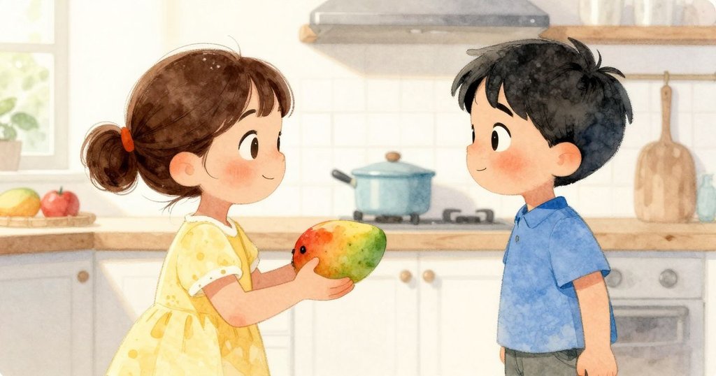 Tara與Seren在明亮廚房中互動，Seren自豪地展示芒果，兩人相視微笑，充滿歡愉與溫暖的交流感