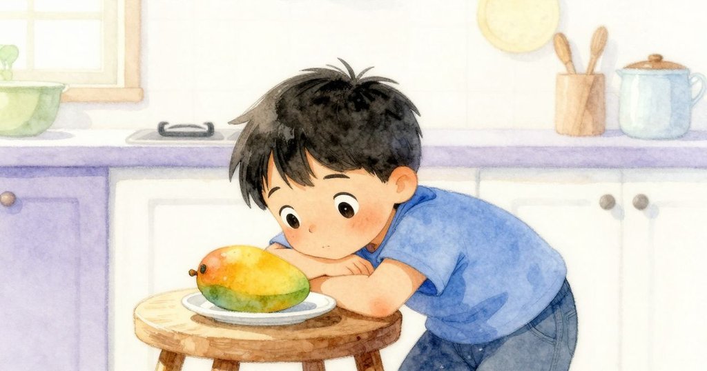 Seren安坐在凳上休息，盤中擺著芒果，廚房中柔和光線映照出他的滿足與寧靜，故事逐步進入結局