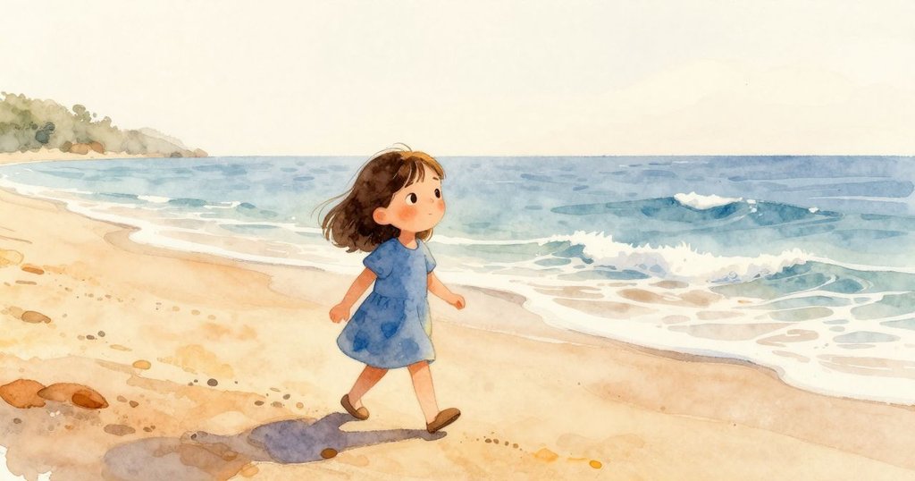 Celina在海灘上漫步,早晨陽光灑落沙丘與海浪,臉上流露著期待與平靜感