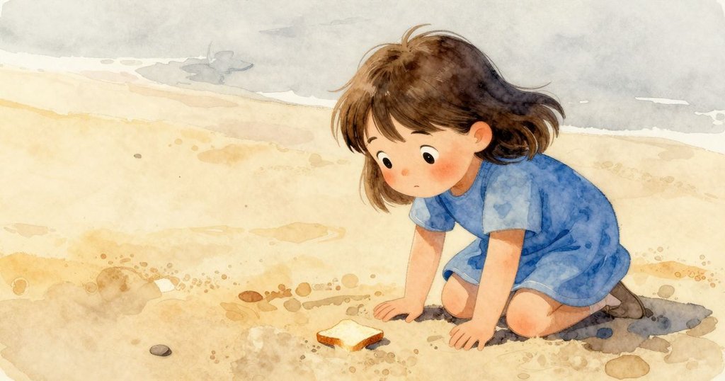 Celina趴在沙灘上好奇地觀察一塊乾脆克土司屑,表情專注,背景展現早晨柔和光線