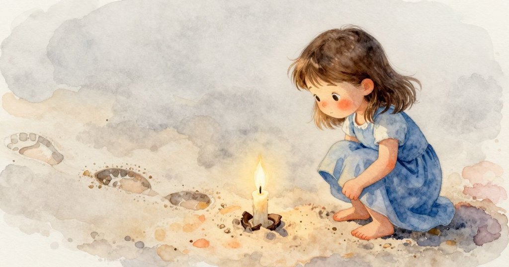 畫面左右分割,一邊是乾燥蠟燭殘留物,另一邊是沙上彎曲的腳印,展現微妙細節與靜謐氣氛