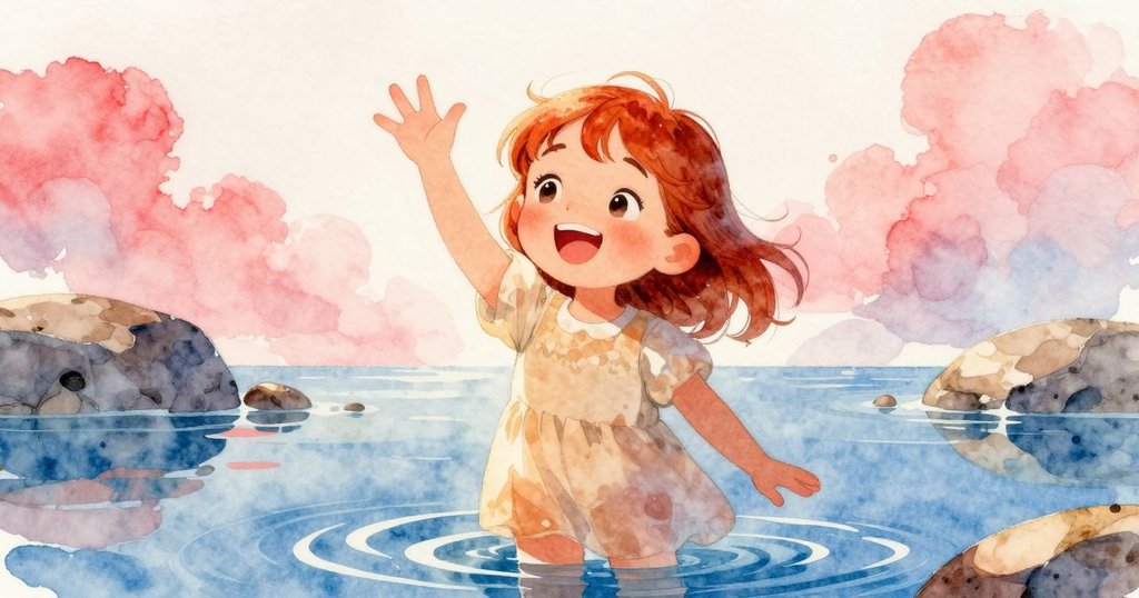 Delia在潮汐池邊快樂招手,陽光映照水面閃閃發光,充滿活力地喊著關於貝殼的話語